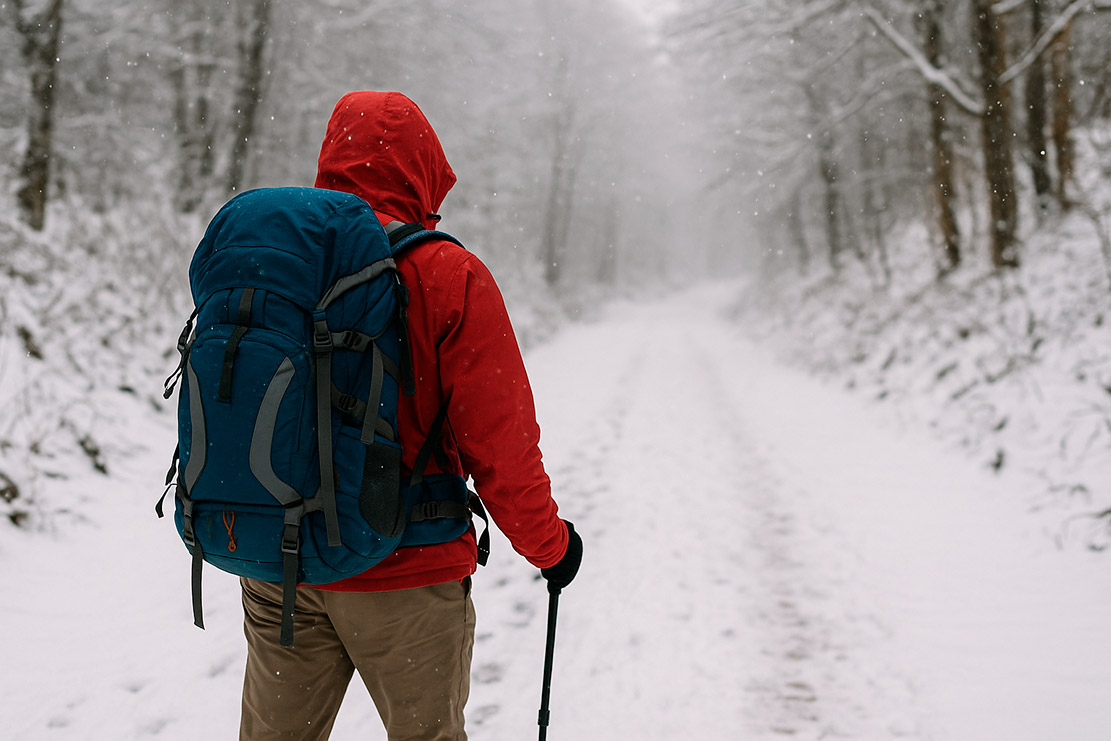Peregrino en el Camino de Santiago en invierno con mochila grande, caminando entre nieve y niebla hacia Santiago